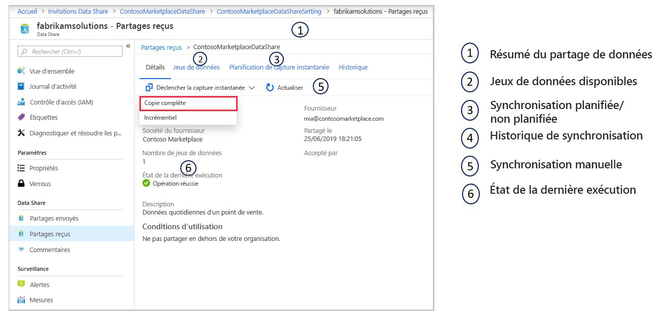 Screen shot of the Azure portal on the Data Share configuration pane highlighting Trigger snapshot setting.